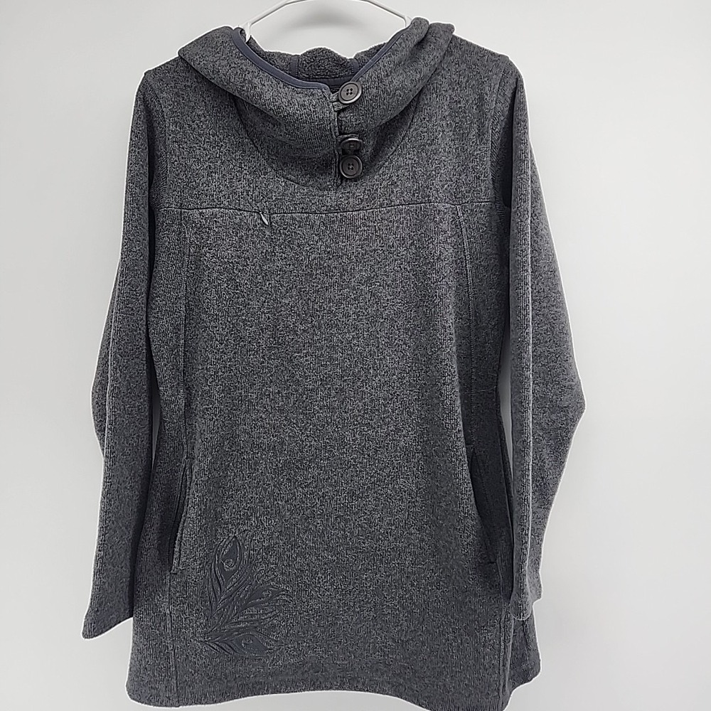 Cabelas Womens Sweater Fleece Hoodie Gray Button Neck Peacock Embroidery Size M